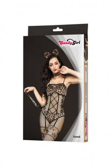 Костюм кошки Candy Girl Kandi (костюм-сетка, топ, трусы с хвостом, чокер, головной убор), черный, OS