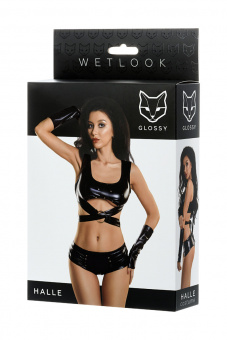Комплект Glossy из материала Wetlook (топ, мини-шорты и перчатки) черный, S