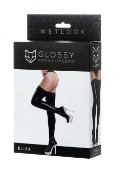 Чулки Glossy Eliza из материала Wetlook со вставкой из кружева, черный, XL