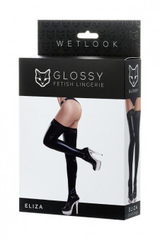Чулки Glossy из материала Wetlook со вставкой из кружева, черный, L