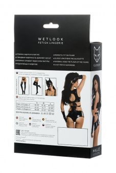 Комплект Glossy из материала Wetlook (топ, мини-шорты и перчатки) черный, S