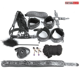 Комплект Notabu BDSM (наручники, оковы, ошейник с поводком, верёвка, фиксатор, плётка, кляп, маска, зажимы для сосков, щекоталка), серебро
