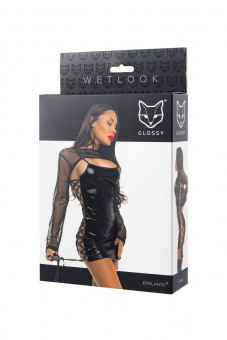 Платье Erolanta Glossy Selena из материала Wetlook с накидкой из сетки, черное, L