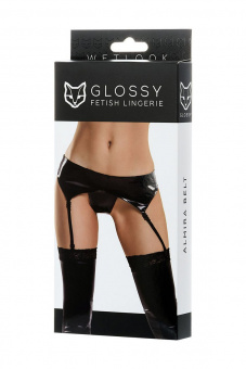 Комплект Glossy Almira из материала Wetlook (пояс с пажами для чулок и трусики), черный, XL