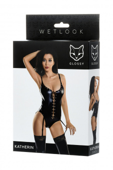 Боди Glossy Katherin из материала Wetlook на шнуровке, черное, М