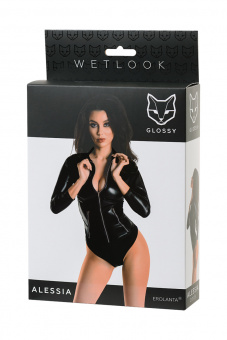 Боди Glossy Alessia из материала Wetlook на молнии, черное, L