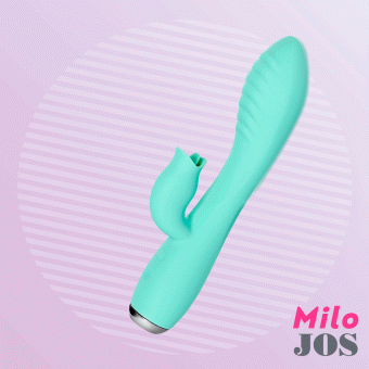 Вибратор с клиторальным стимулятором и язычком, Jos Milo, силикон, мятный, 20 см.